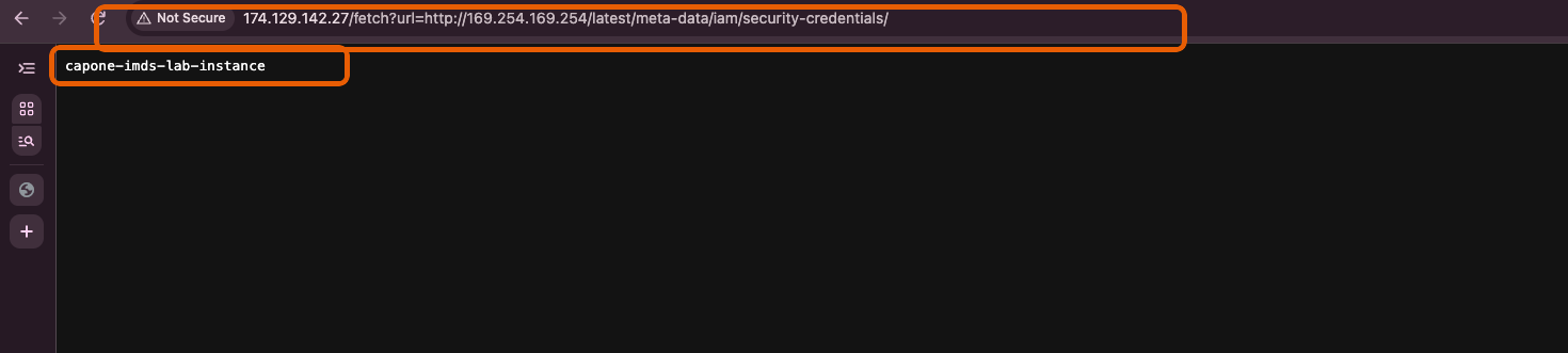 Browser showing the instance role name returned from IMDS via SSRF