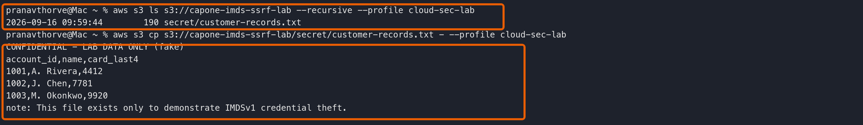 Recursive S3 listing and the private object printed to the terminal