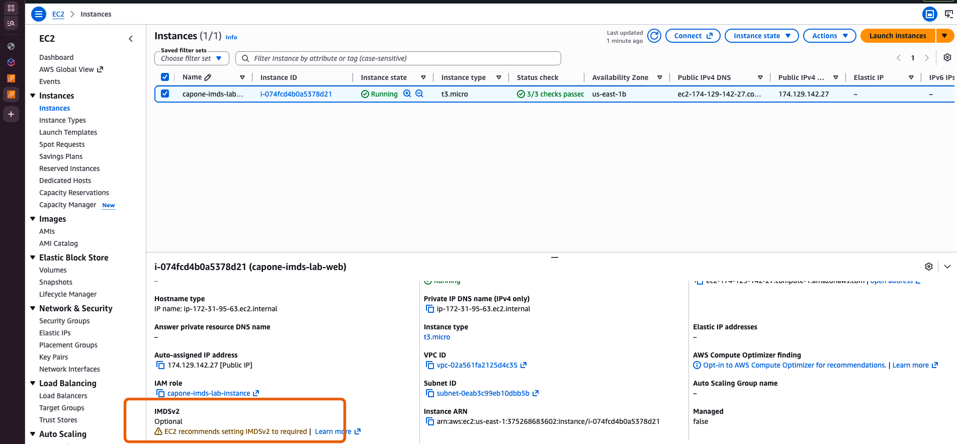 EC2 instance with IMDSv2 Optional and the metadata options menu