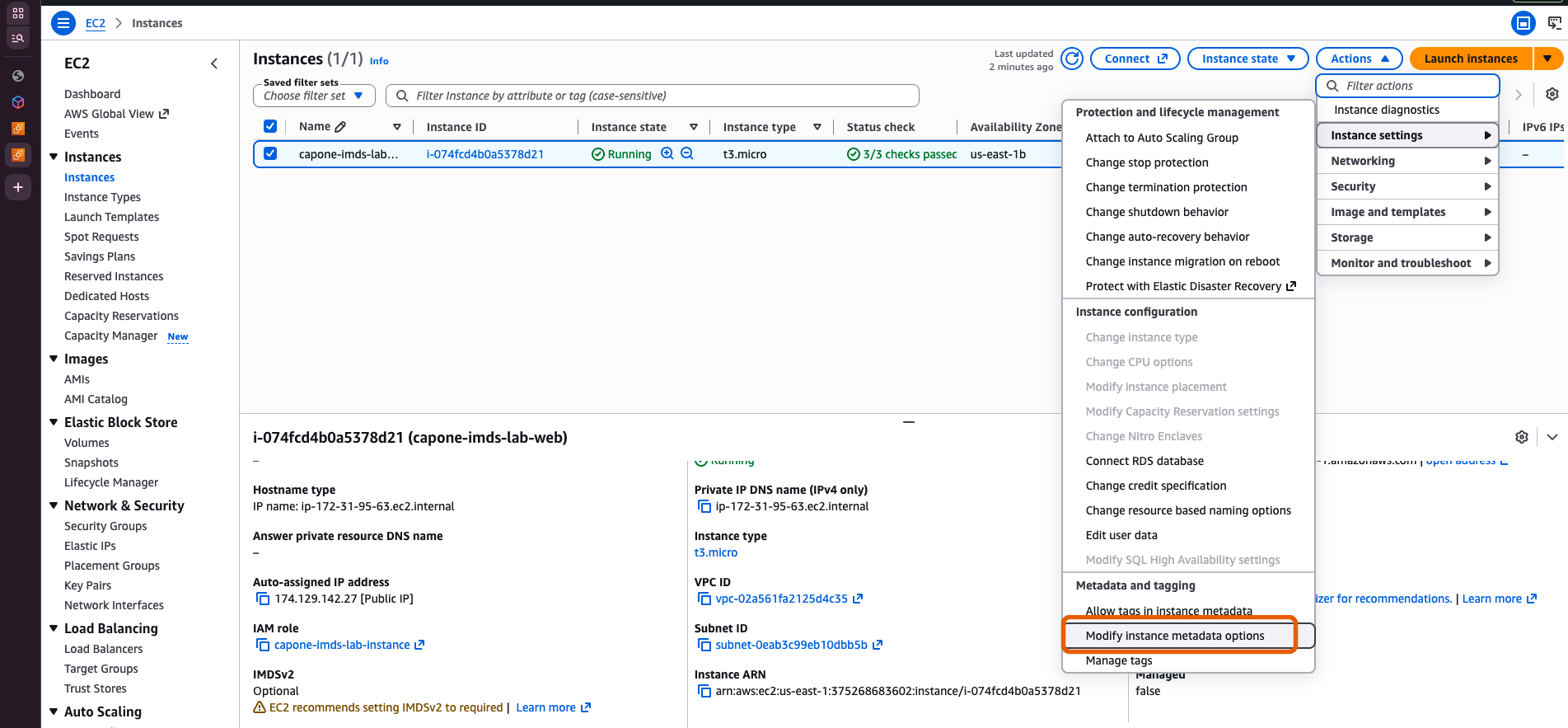 Actions menu: Modify instance metadata options