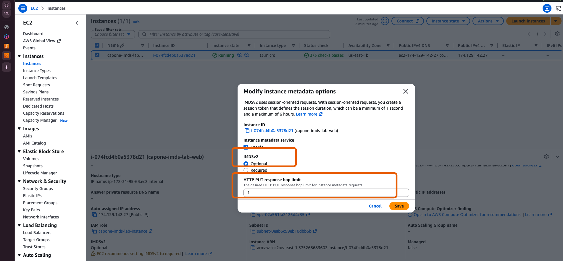 Dialog with IMDSv2 Optional selected