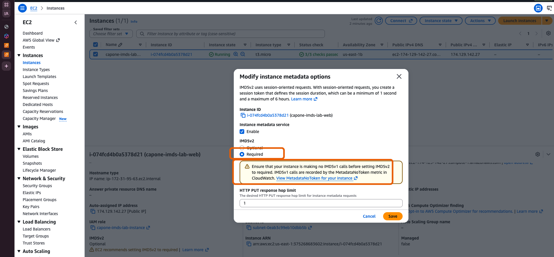 Dialog with IMDSv2 Required selected and the MetadataNoToken warning