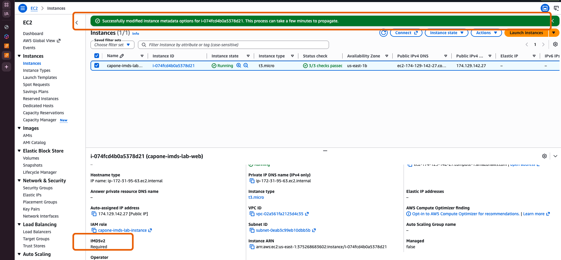 Console banner: metadata options modified, IMDSv2 Required